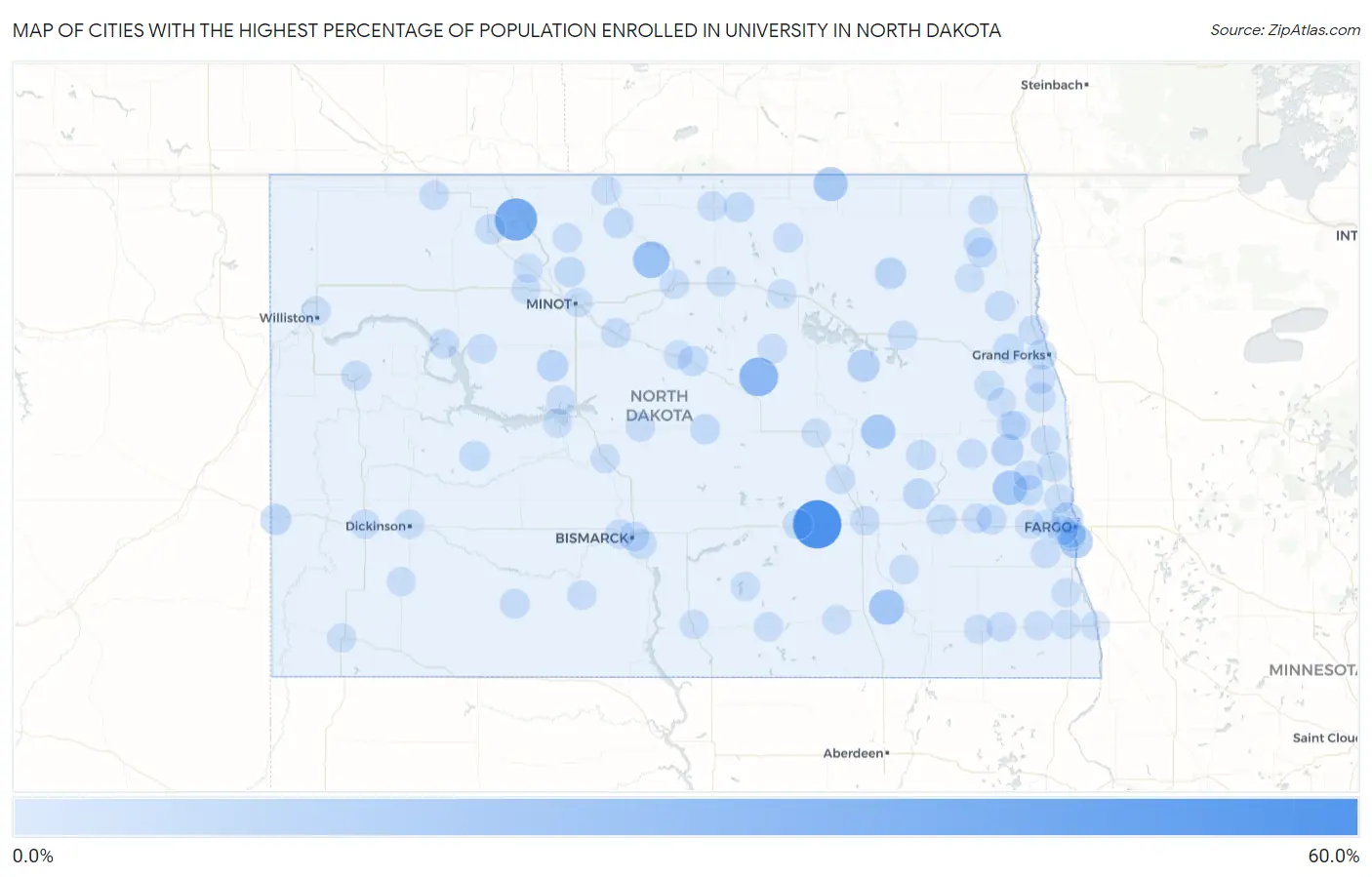 Cities with the Highest Percentage of Population Enrolled in University in North Dakota Map