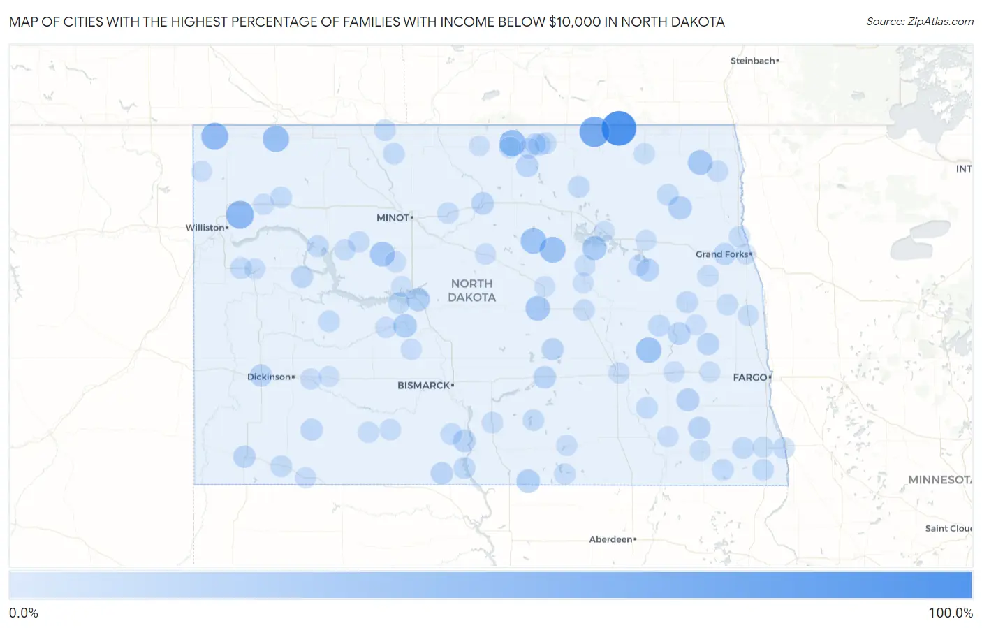 Cities with the Highest Percentage of Families with Income Below $10,000 in North Dakota Map