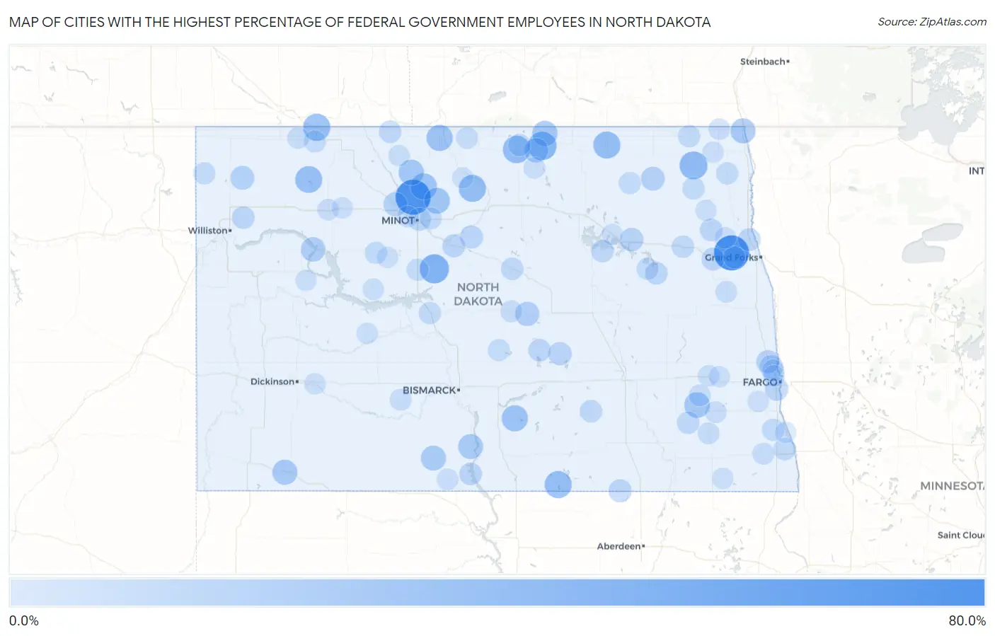Cities with the Highest Percentage of Federal Government Employees in North Dakota Map
