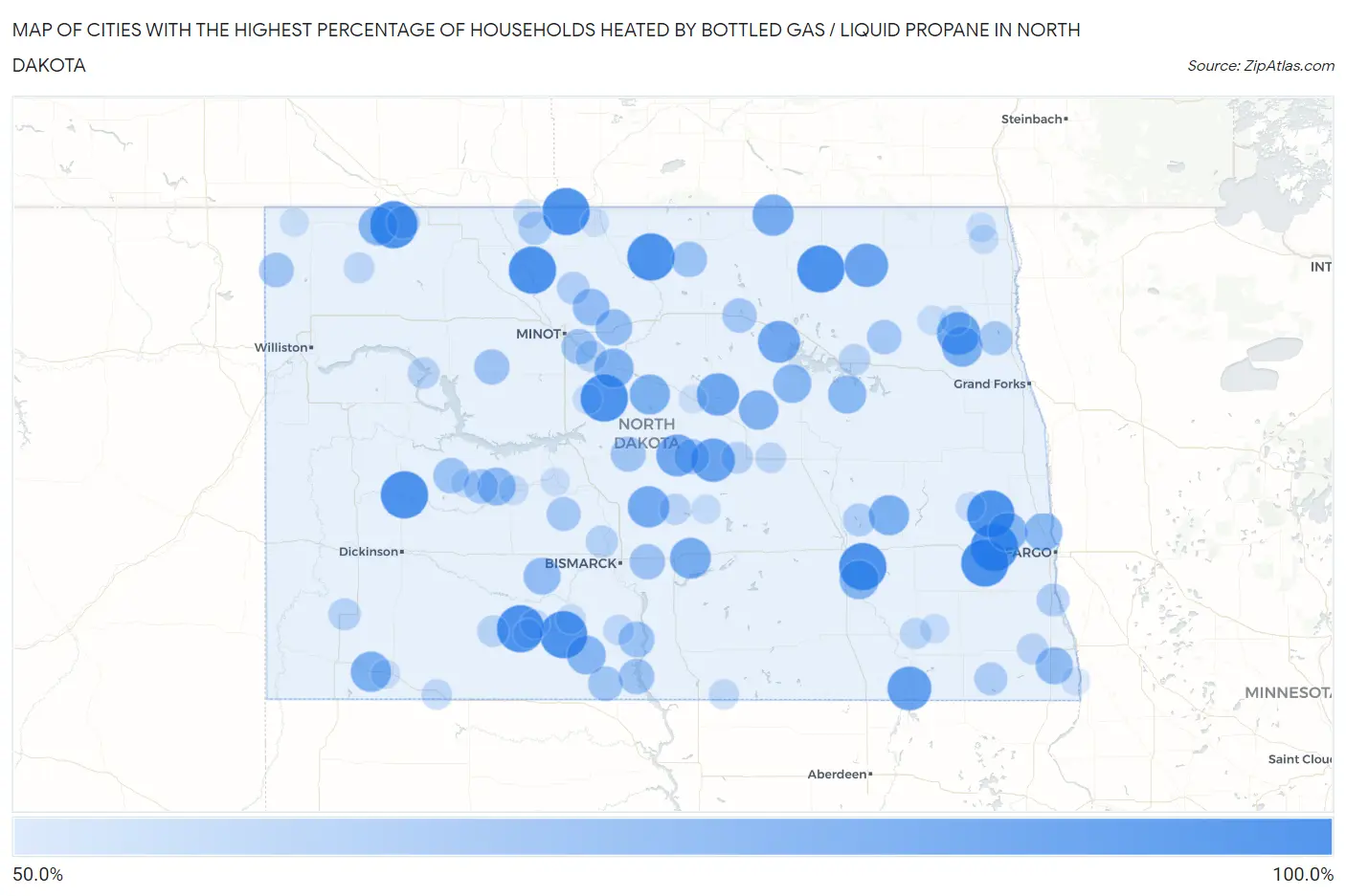Cities with the Highest Percentage of Households Heated by Bottled Gas / Liquid Propane in North Dakota Map