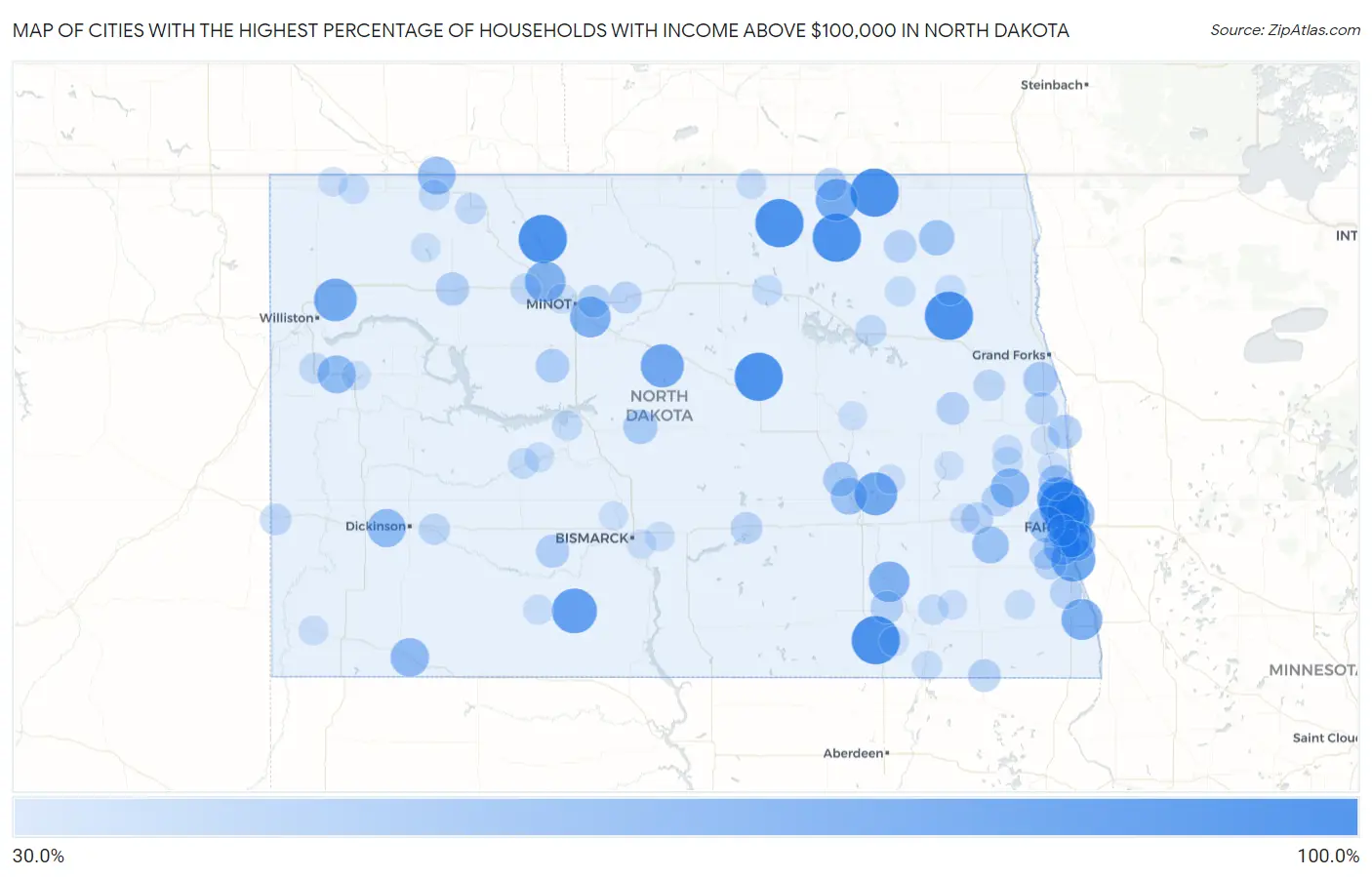 Cities with the Highest Percentage of Households with Income Above $100,000 in North Dakota Map