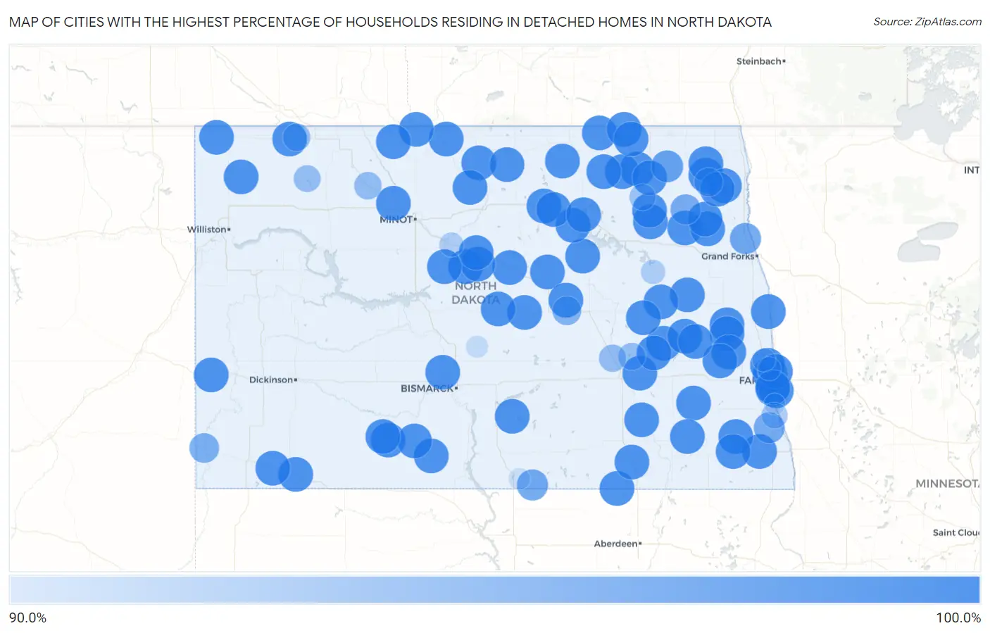 Cities with the Highest Percentage of Households Residing in Detached Homes in North Dakota Map