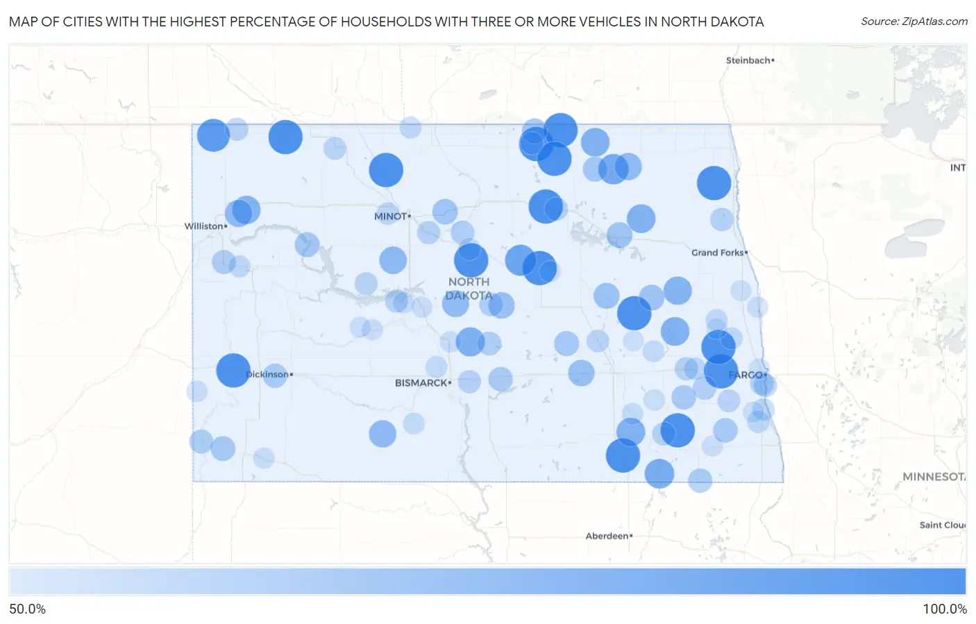 Cities with the Highest Percentage of Households With Three or more Vehicles in North Dakota Map