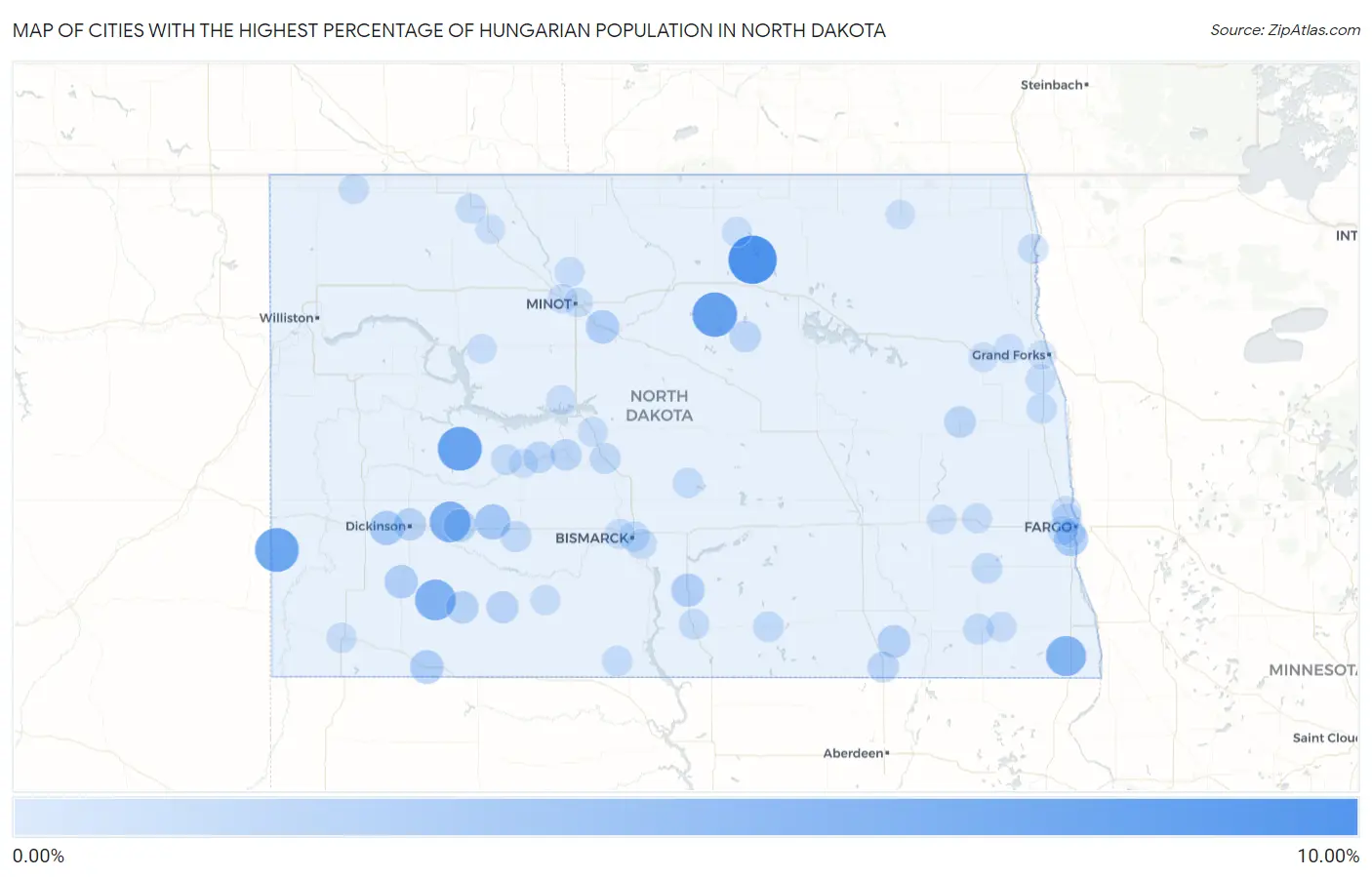 Cities with the Highest Percentage of Hungarian Population in North Dakota Map