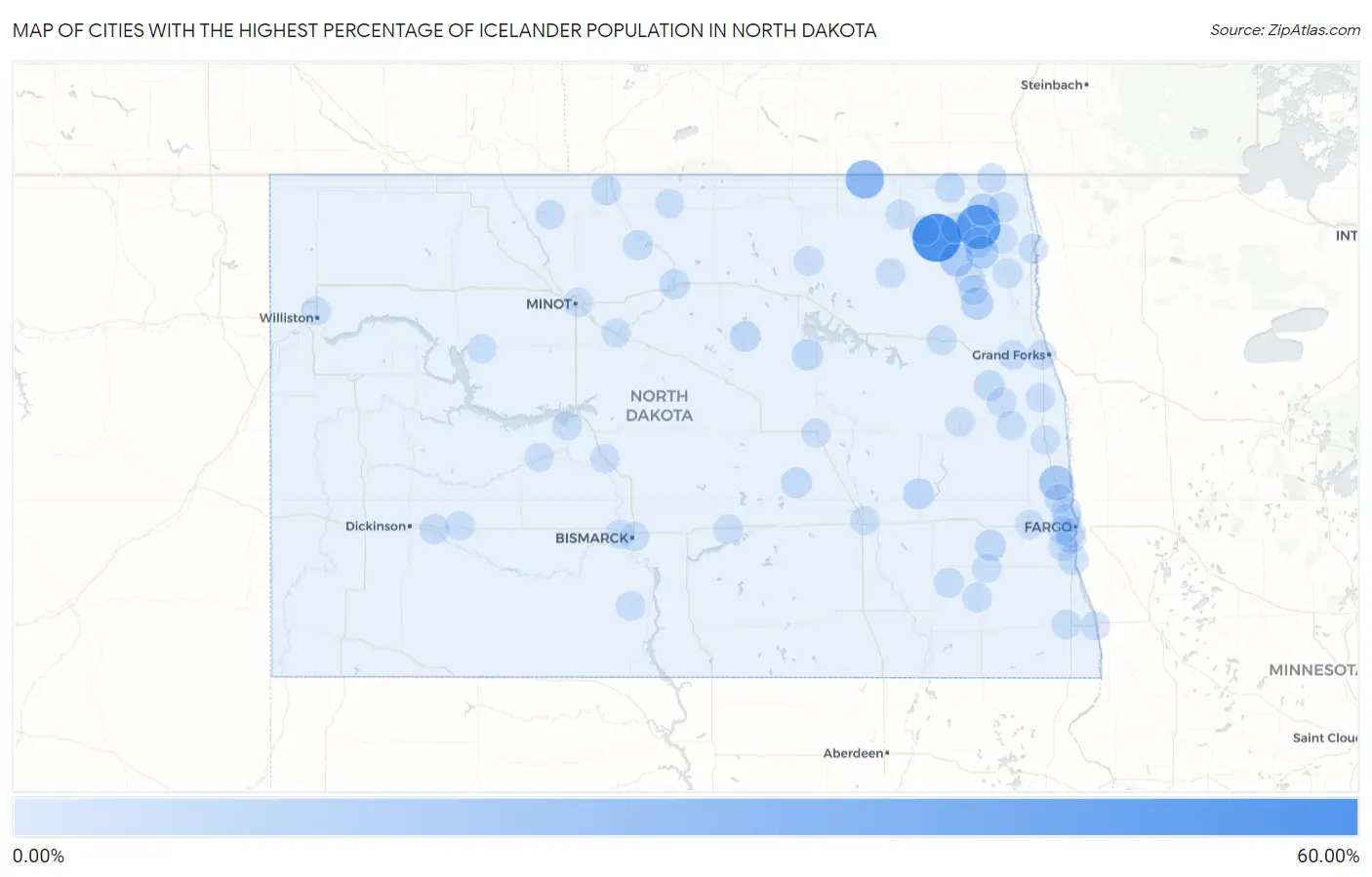 Cities with the Highest Percentage of Icelander Population in North Dakota Map