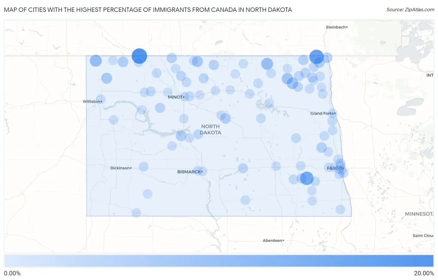 Cities with the Highest Percentage of Immigrants from Canada in North Dakota Map