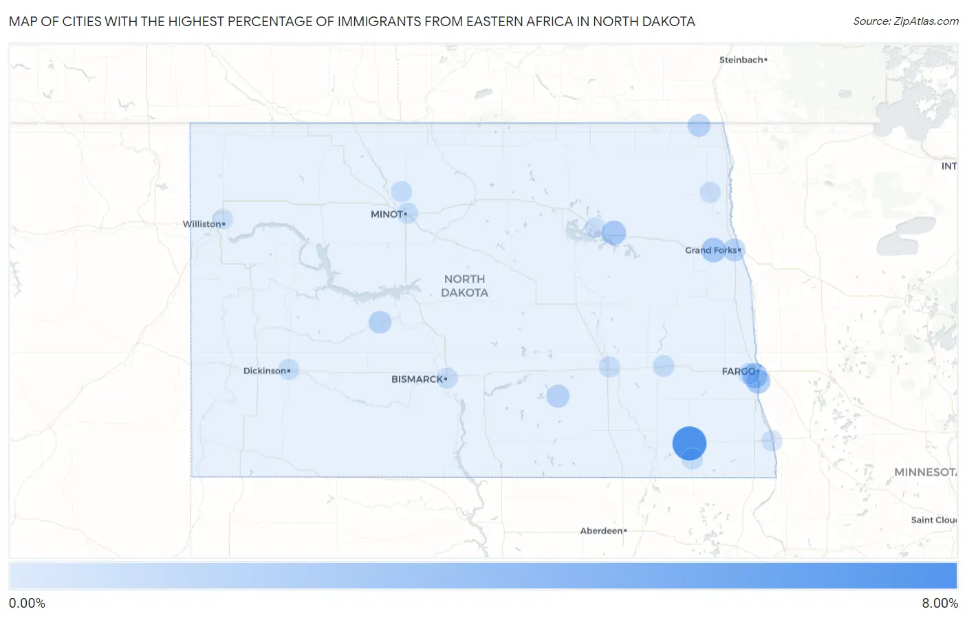 Cities with the Highest Percentage of Immigrants from Eastern Africa in North Dakota Map