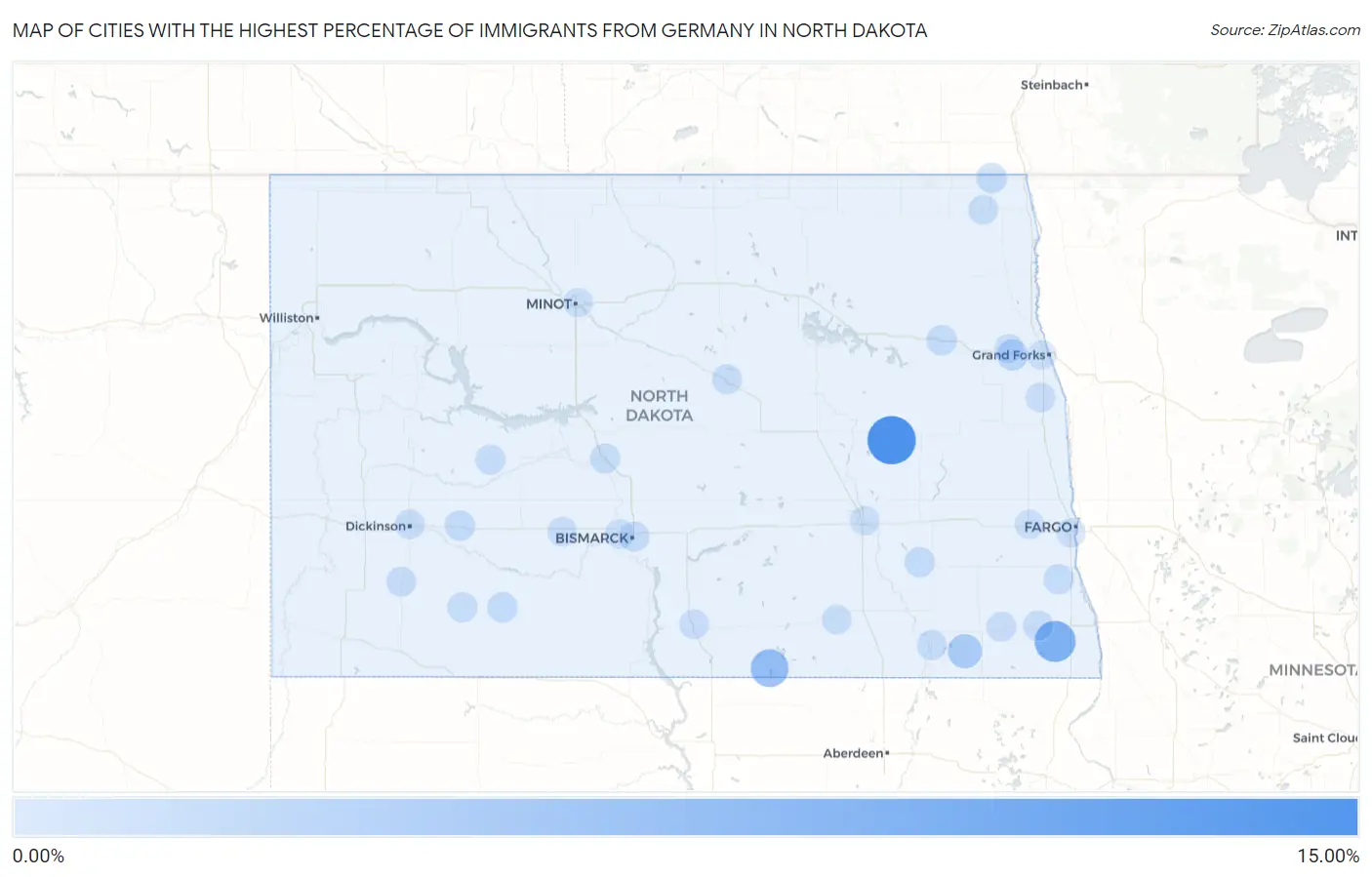 Cities with the Highest Percentage of Immigrants from Germany in North Dakota Map