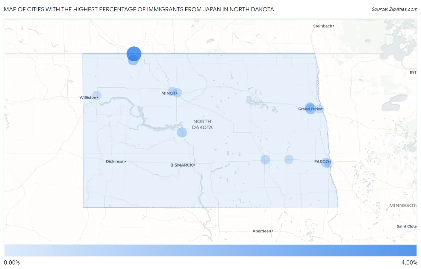 Cities with the Highest Percentage of Immigrants from Japan in North Dakota Map
