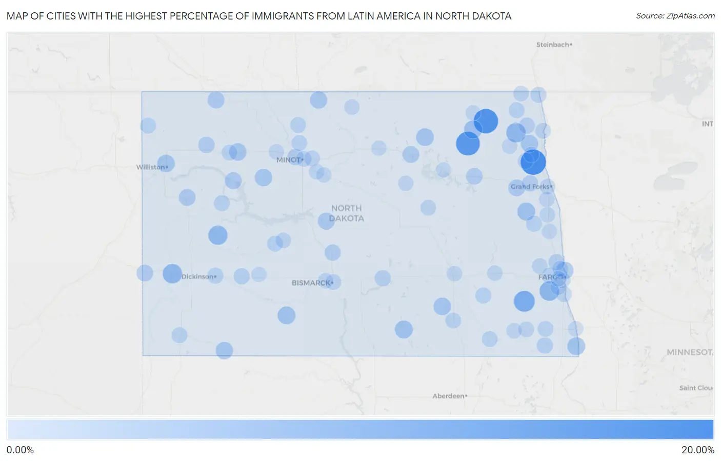 Cities with the Highest Percentage of Immigrants from Latin America in North Dakota Map