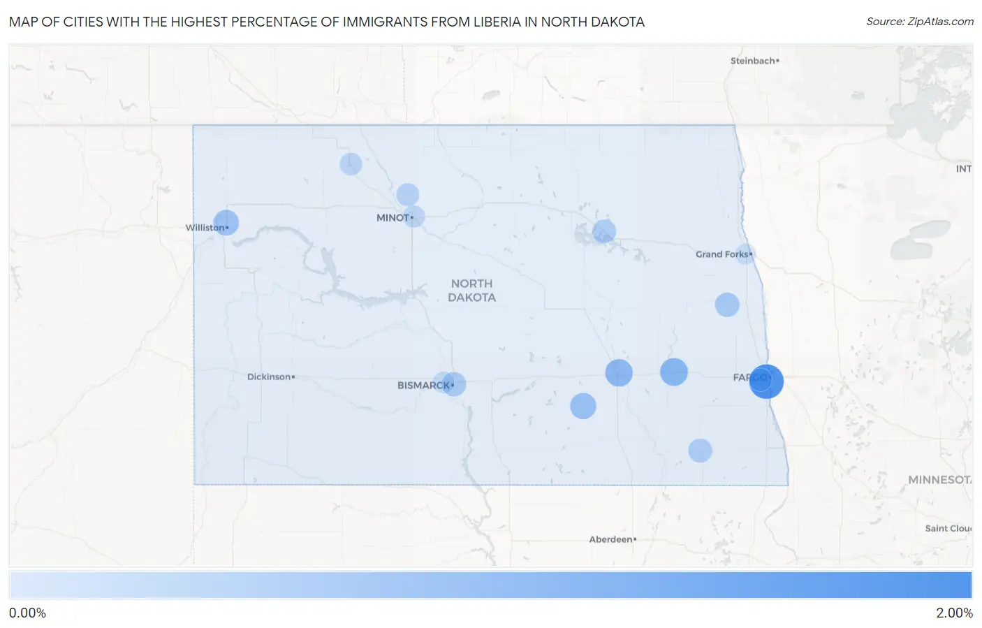Cities with the Highest Percentage of Immigrants from Liberia in North Dakota Map
