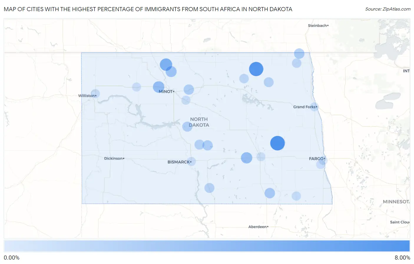 Cities with the Highest Percentage of Immigrants from South Africa in North Dakota Map