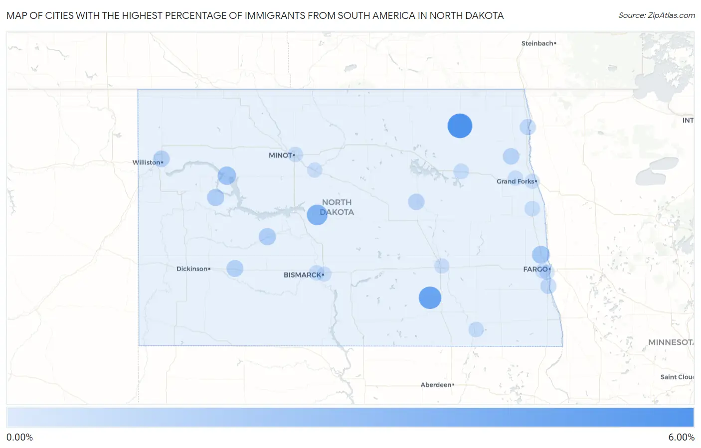 Cities with the Highest Percentage of Immigrants from South America in North Dakota Map