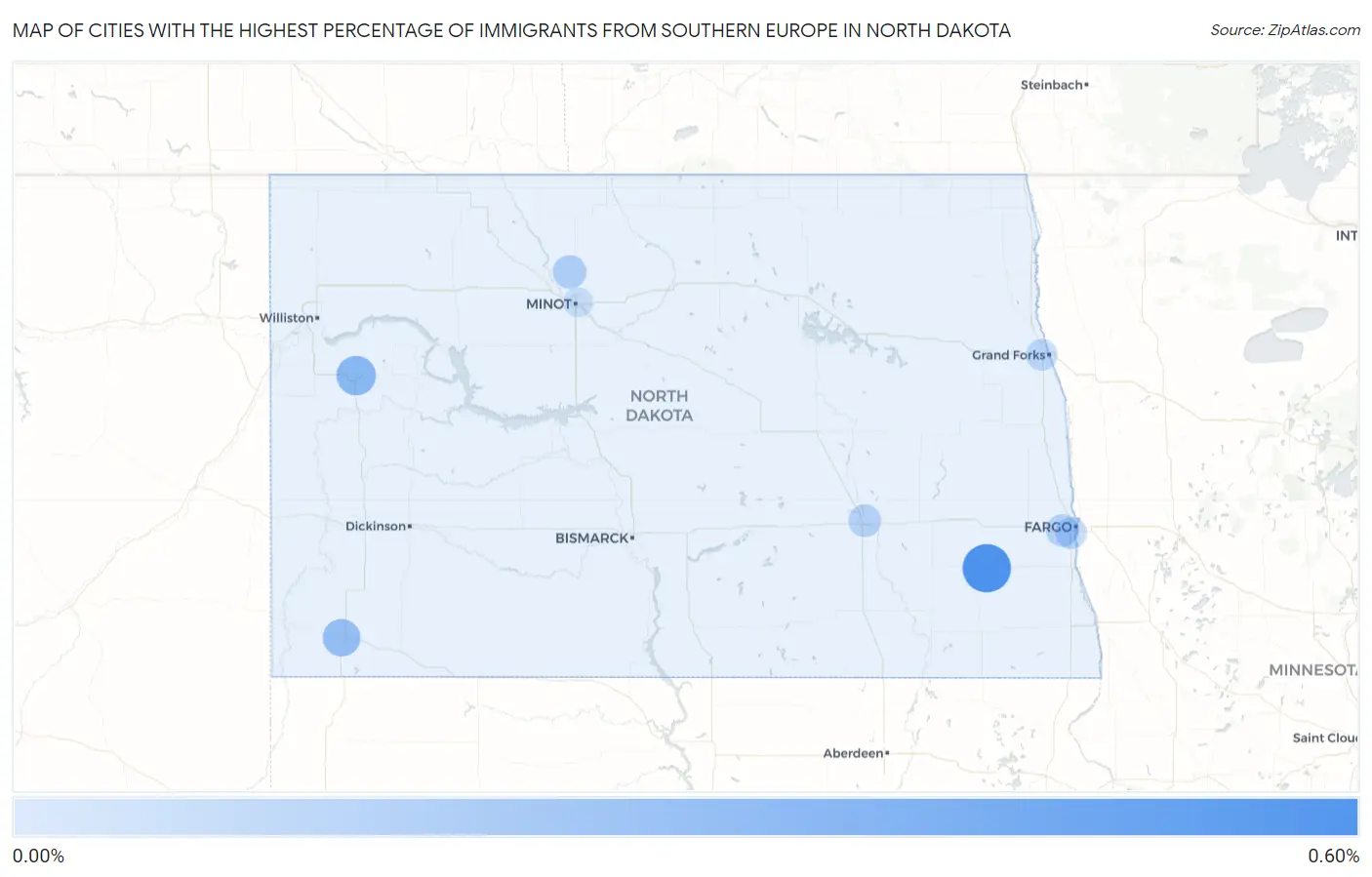 Cities with the Highest Percentage of Immigrants from Southern Europe in North Dakota Map