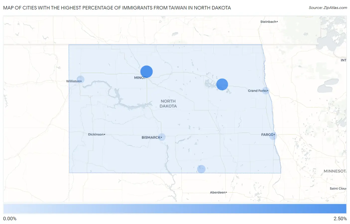 Cities with the Highest Percentage of Immigrants from Taiwan in North Dakota Map