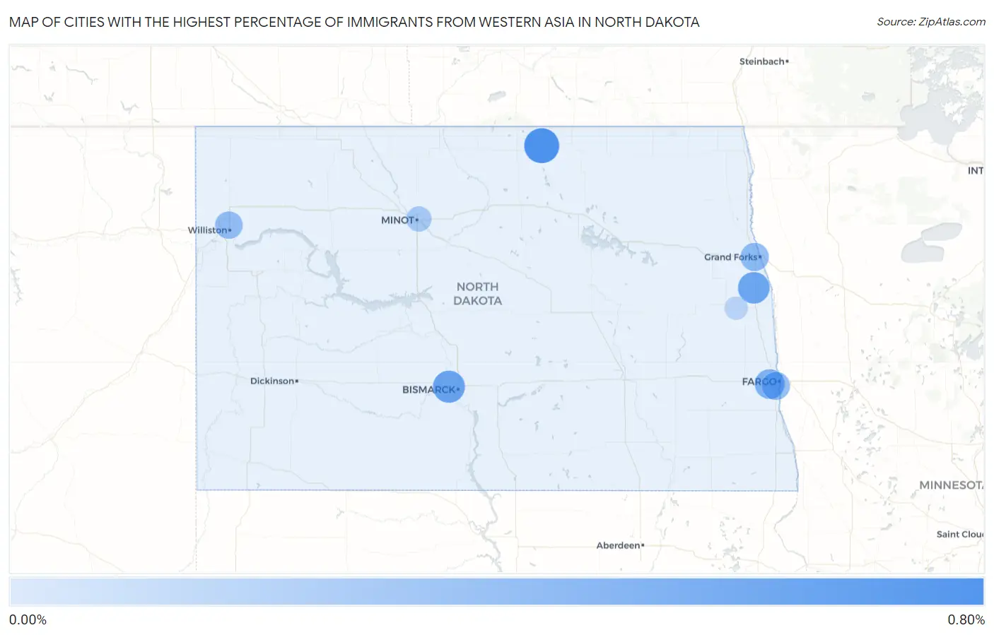 Cities with the Highest Percentage of Immigrants from Western Asia in North Dakota Map