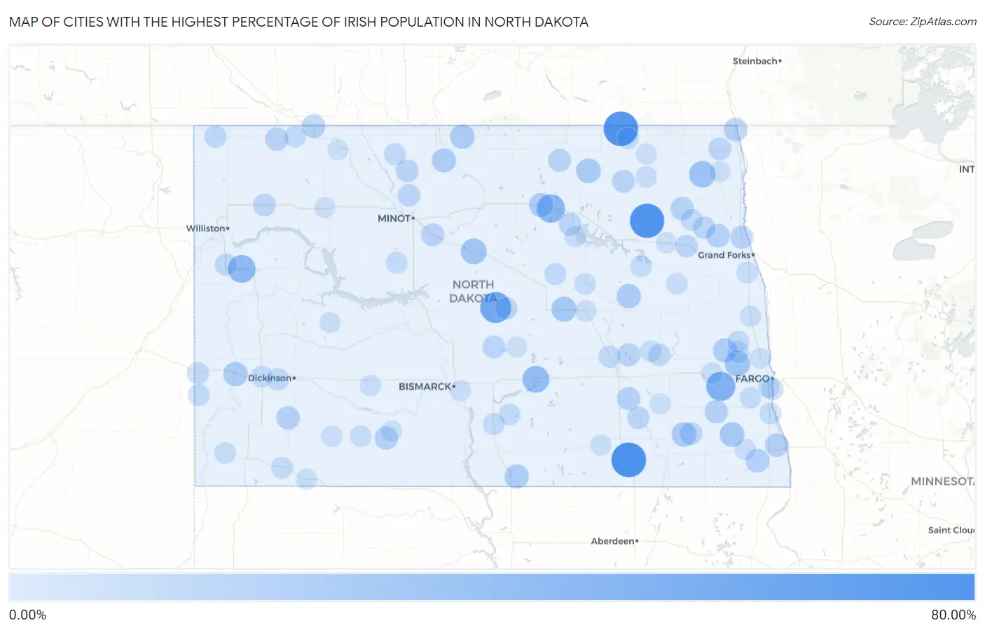 Cities with the Highest Percentage of Irish Population in North Dakota Map