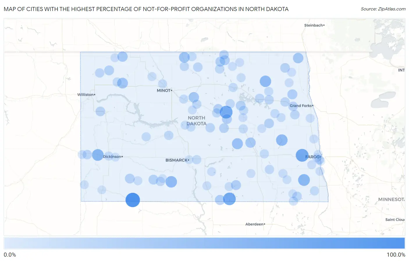 Cities with the Highest Percentage of Not-for-profit Organizations in North Dakota Map