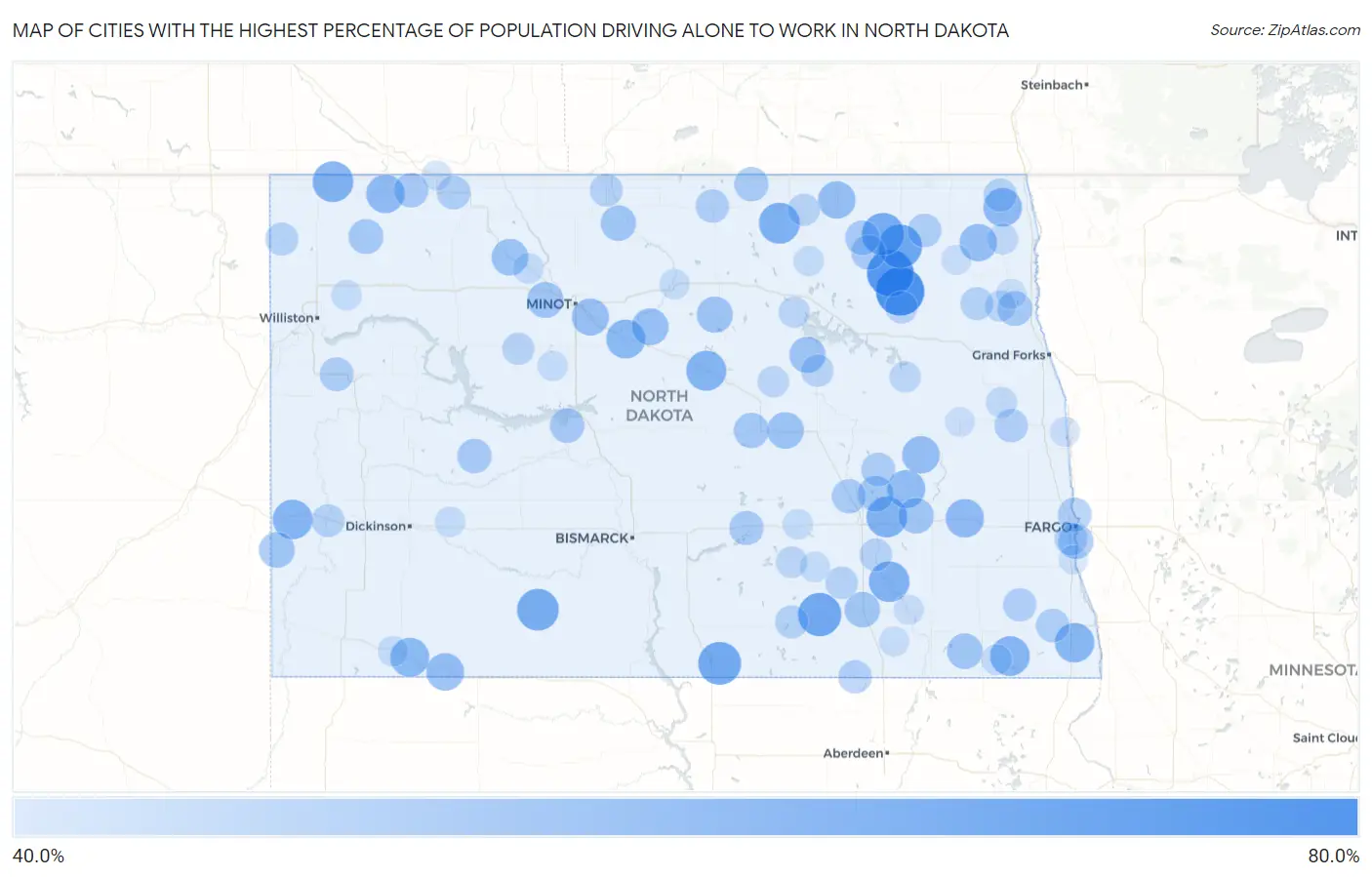 Cities with the Highest Percentage of Population Driving Alone to Work in North Dakota Map