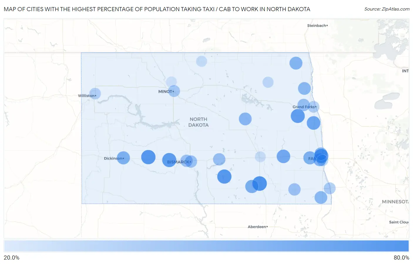 Cities with the Highest Percentage of Population Taking Taxi / Cab to Work in North Dakota Map