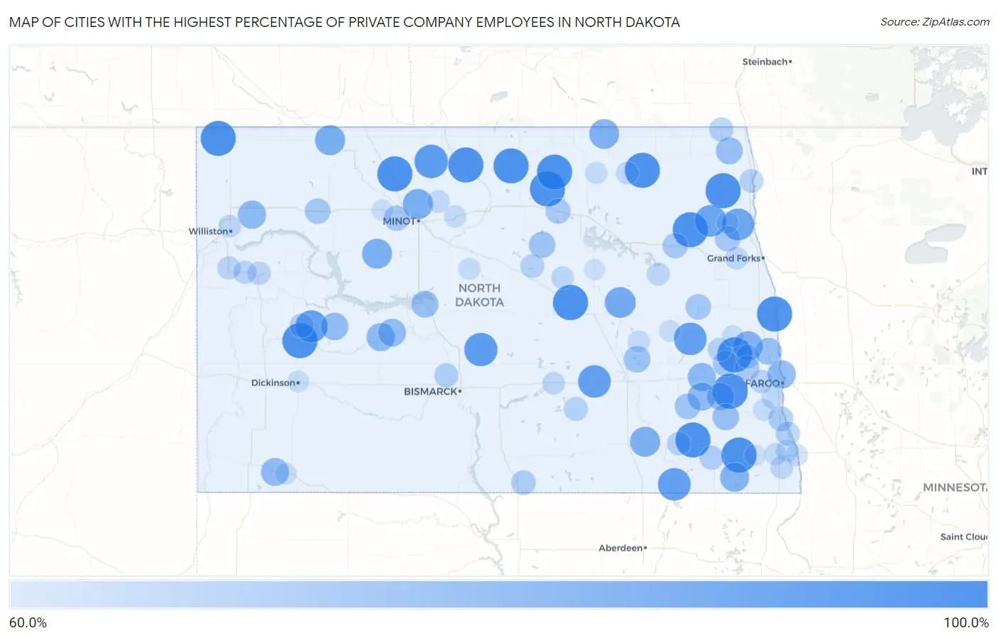 Cities with the Highest Percentage of Private Company Employees in North Dakota Map