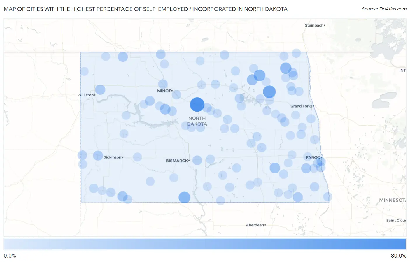 Cities with the Highest Percentage of Self-Employed / Incorporated in North Dakota Map