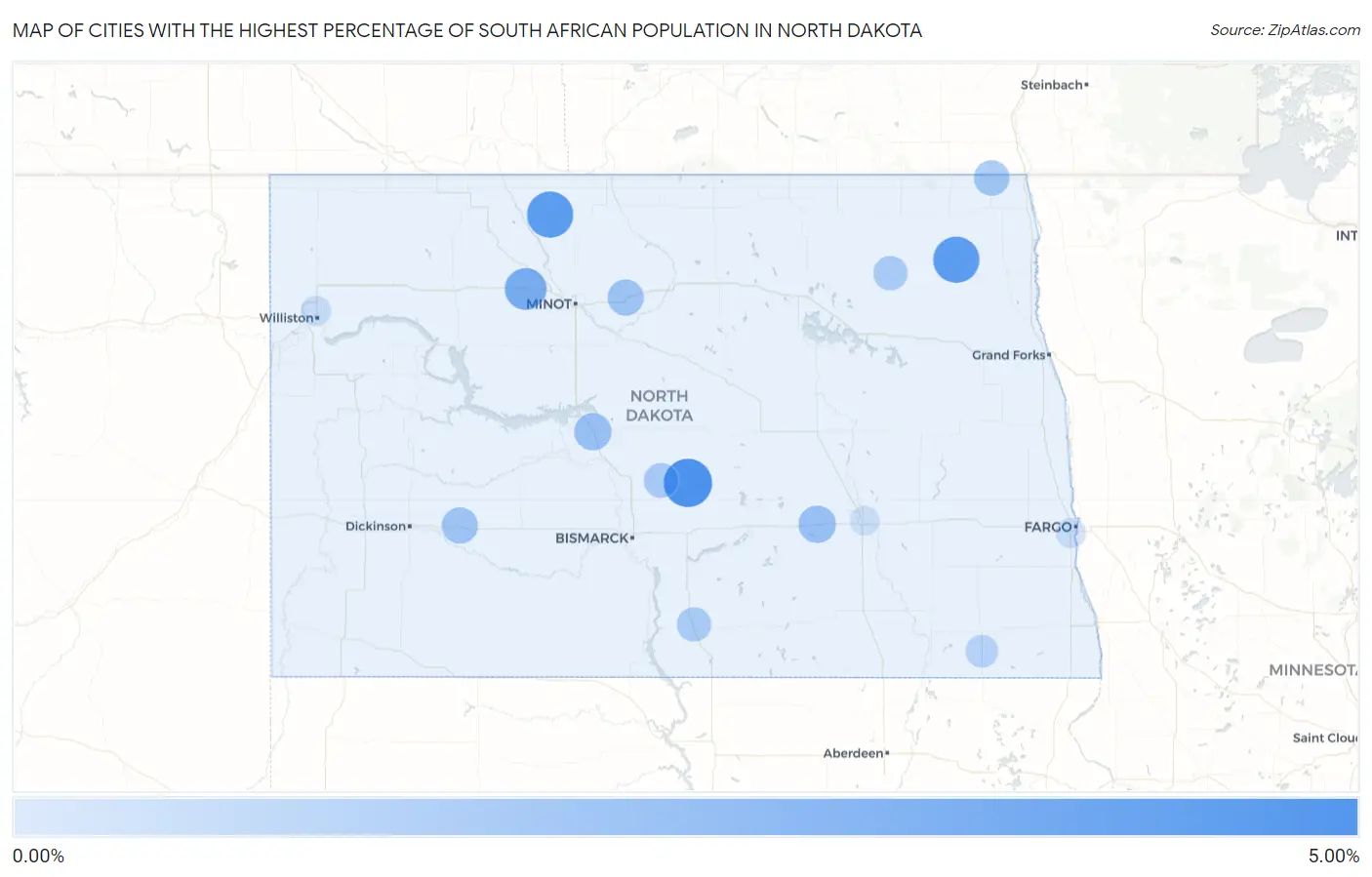 Cities with the Highest Percentage of South African Population in North Dakota Map