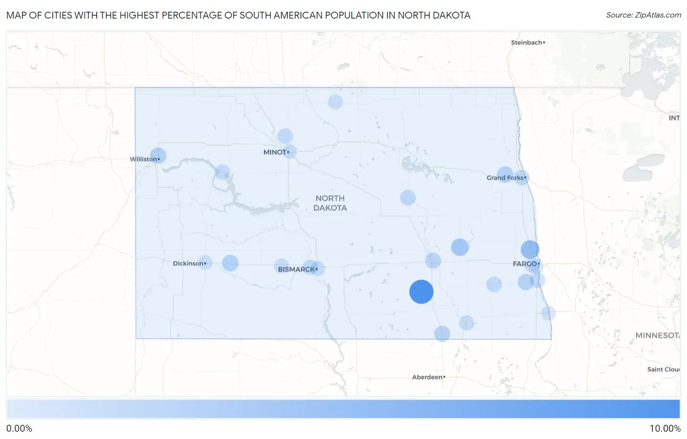 Cities with the Highest Percentage of South American Population in North Dakota Map