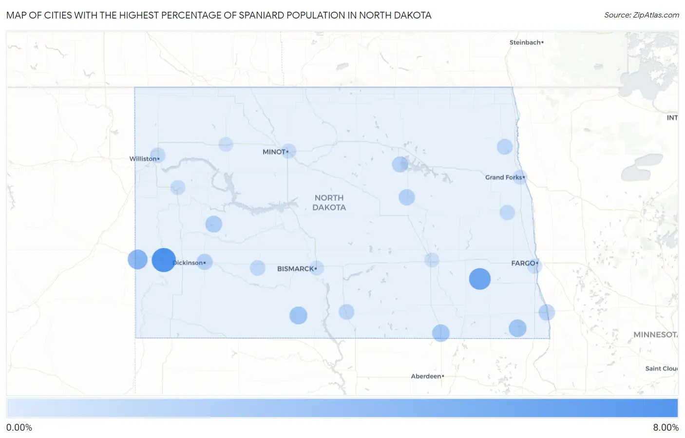 Cities with the Highest Percentage of Spaniard Population in North Dakota Map