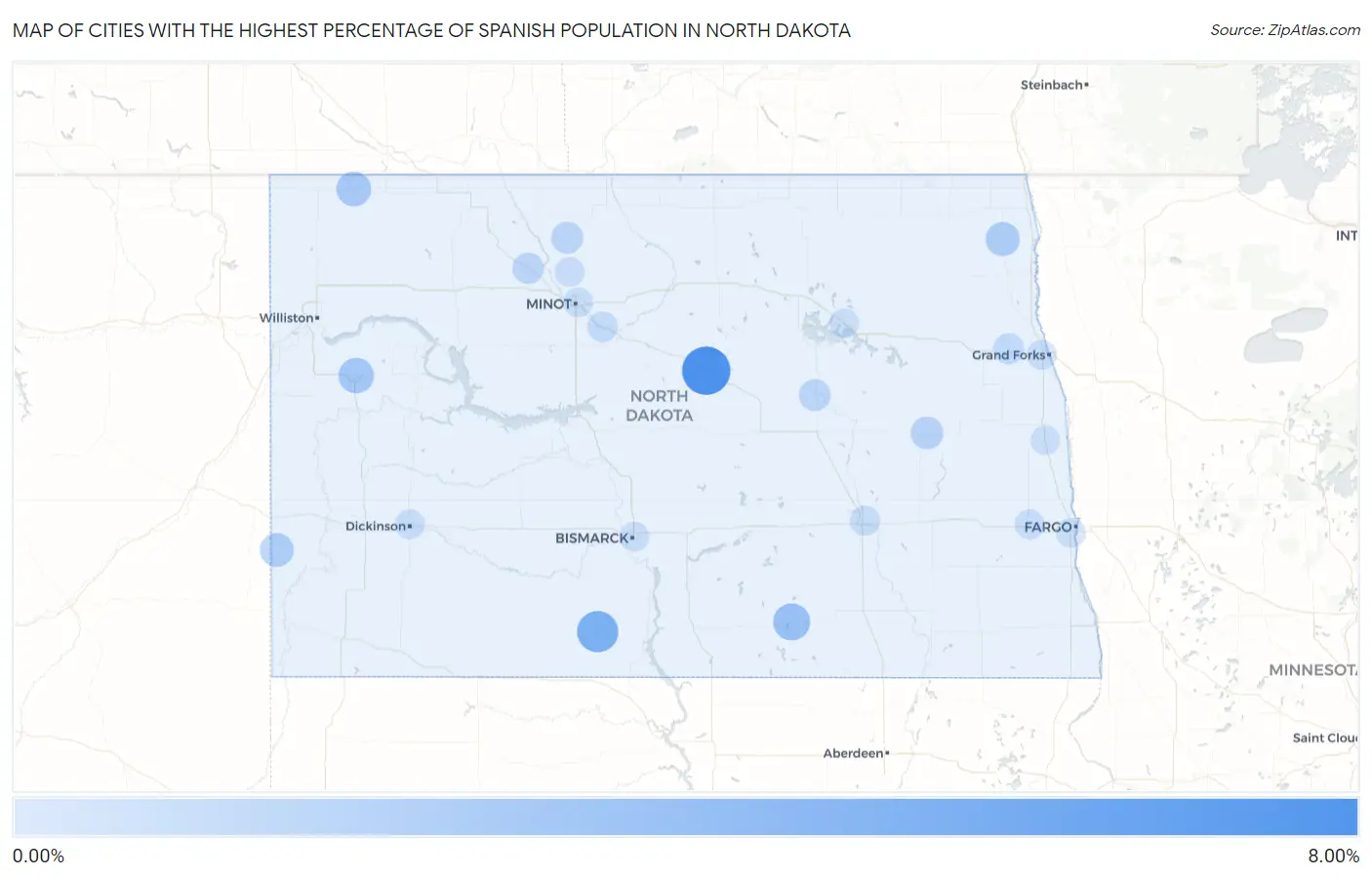 Cities with the Highest Percentage of Spanish Population in North Dakota Map