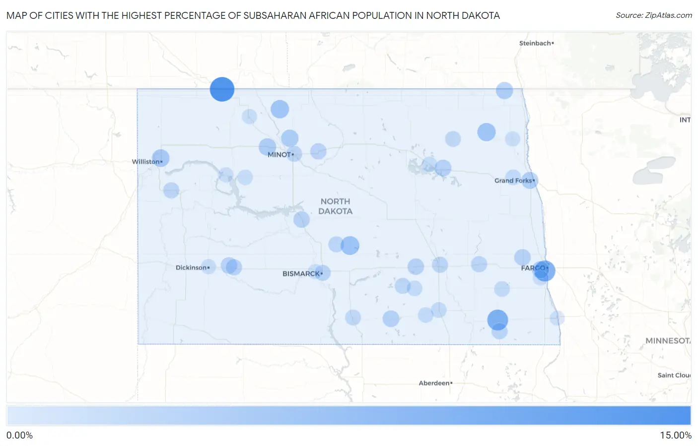 Cities with the Highest Percentage of Subsaharan African Population in North Dakota Map