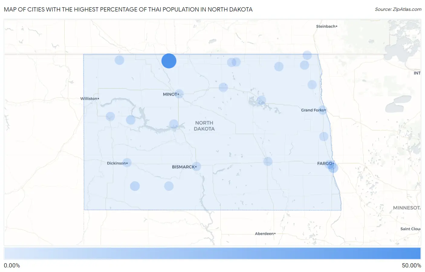 Cities with the Highest Percentage of Thai Population in North Dakota Map