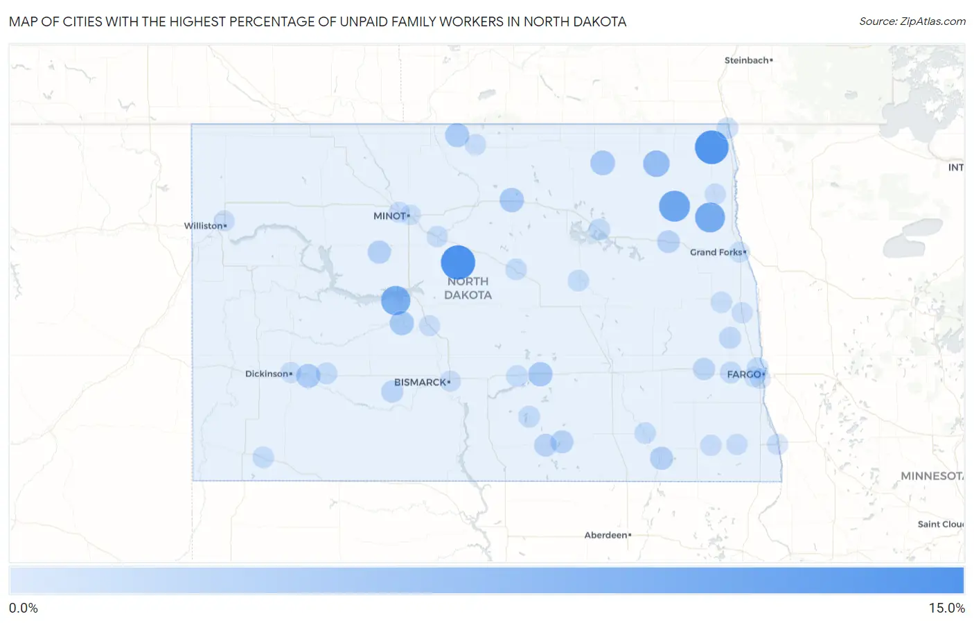 Cities with the Highest Percentage of Unpaid Family Workers in North Dakota Map