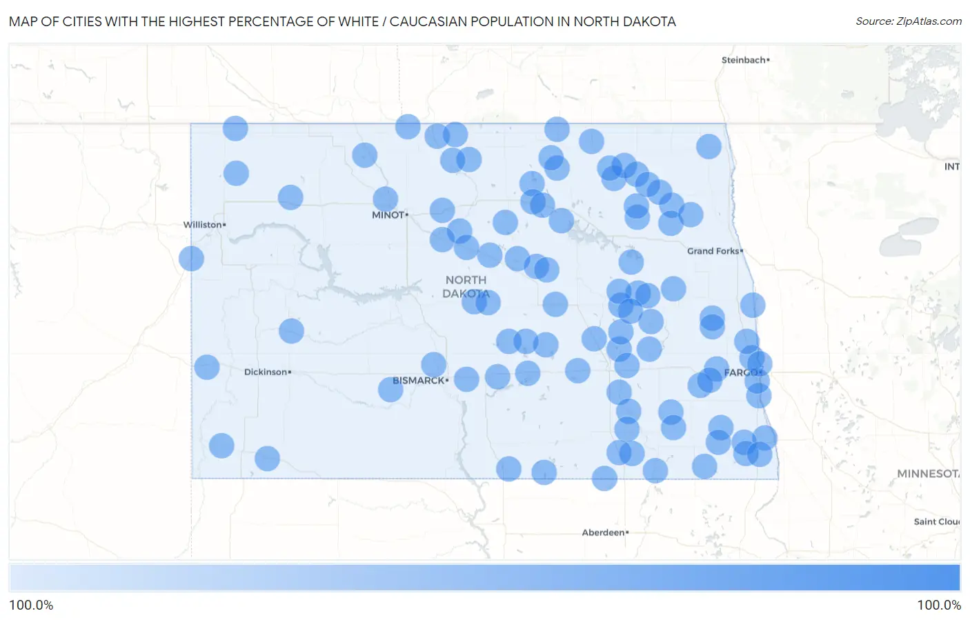Cities with the Highest Percentage of White / Caucasian Population in North Dakota Map