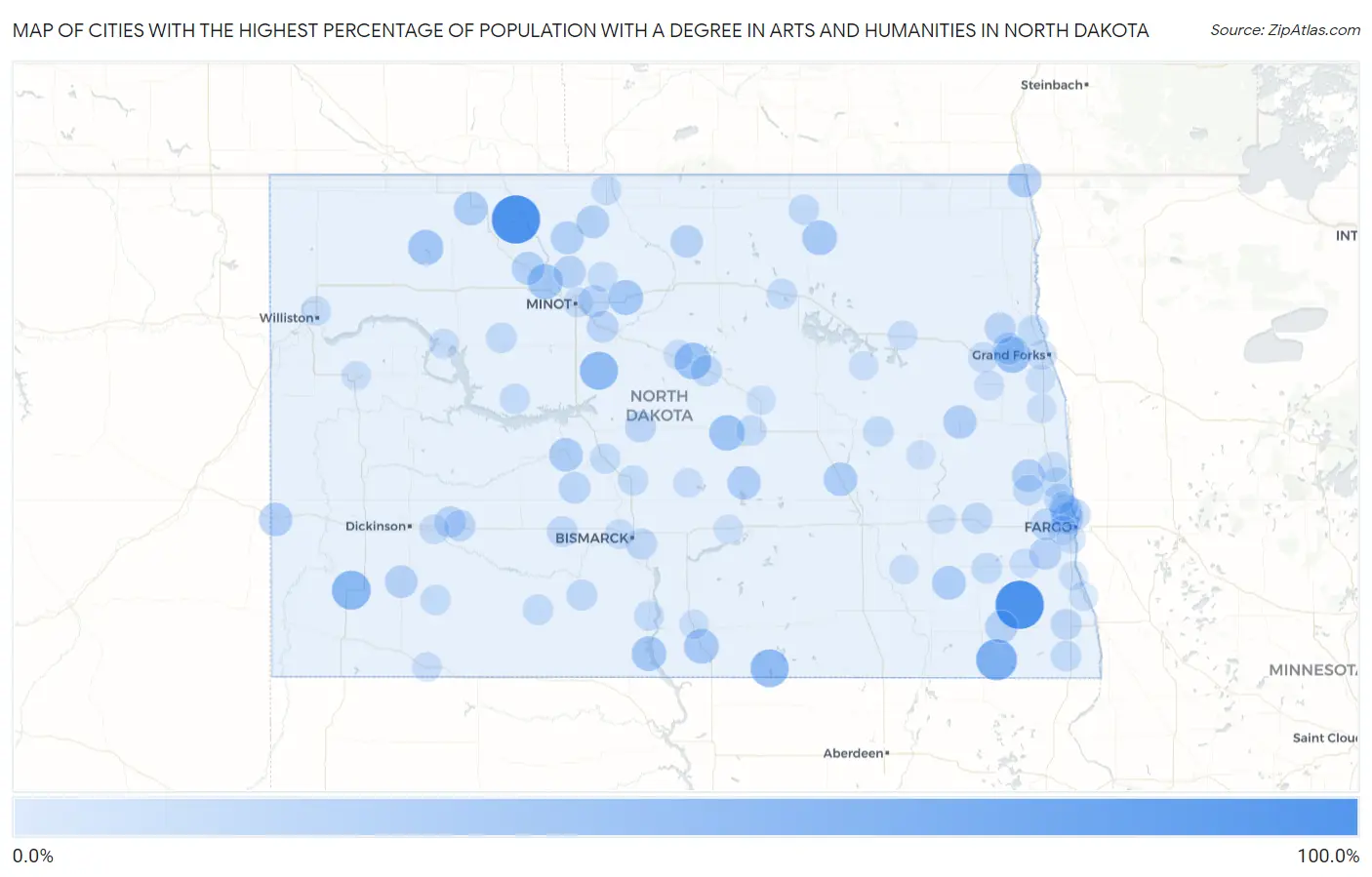 Cities with the Highest Percentage of Population with a Degree in Arts and Humanities in North Dakota Map