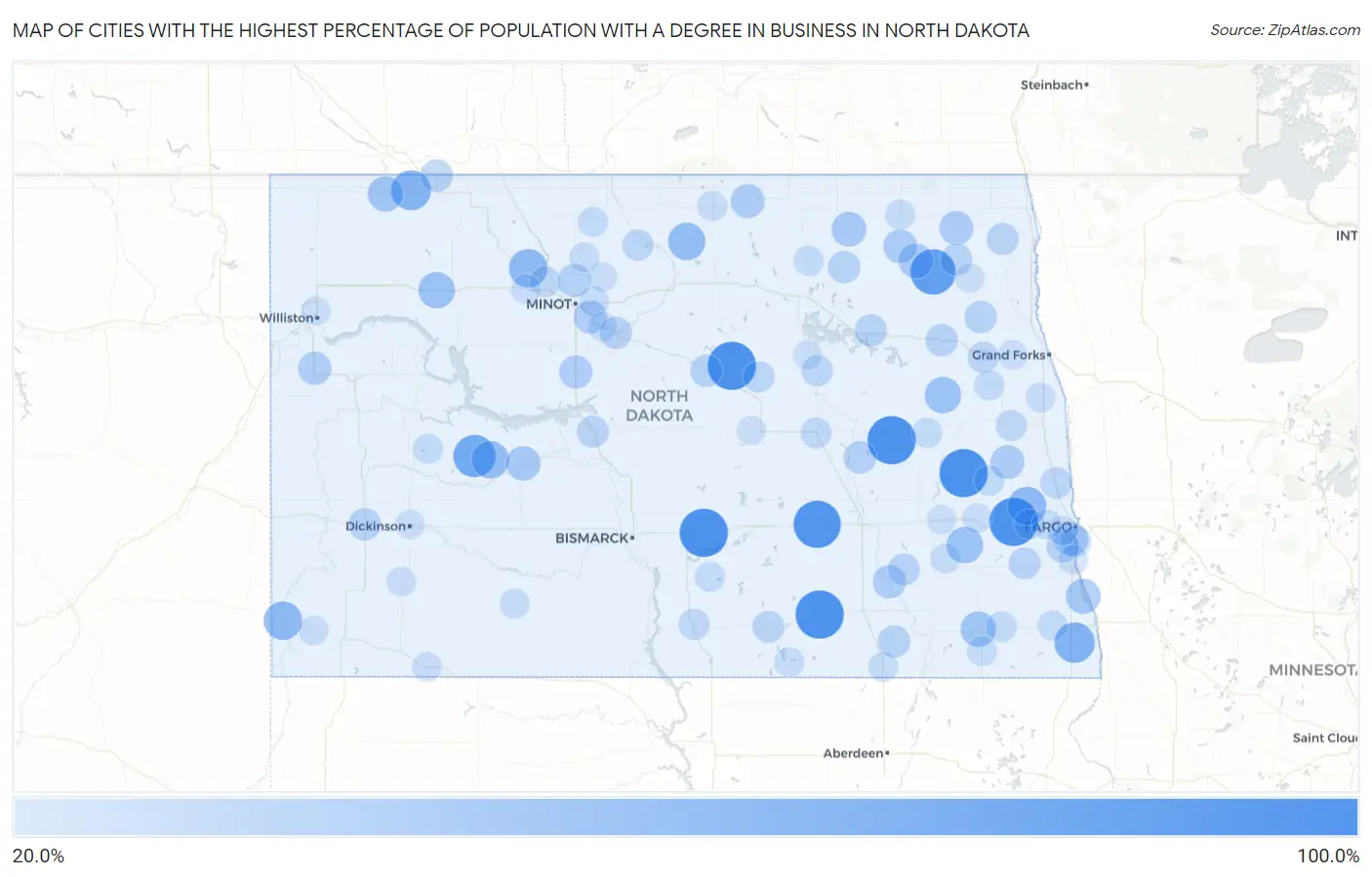 Cities with the Highest Percentage of Population with a Degree in Business in North Dakota Map