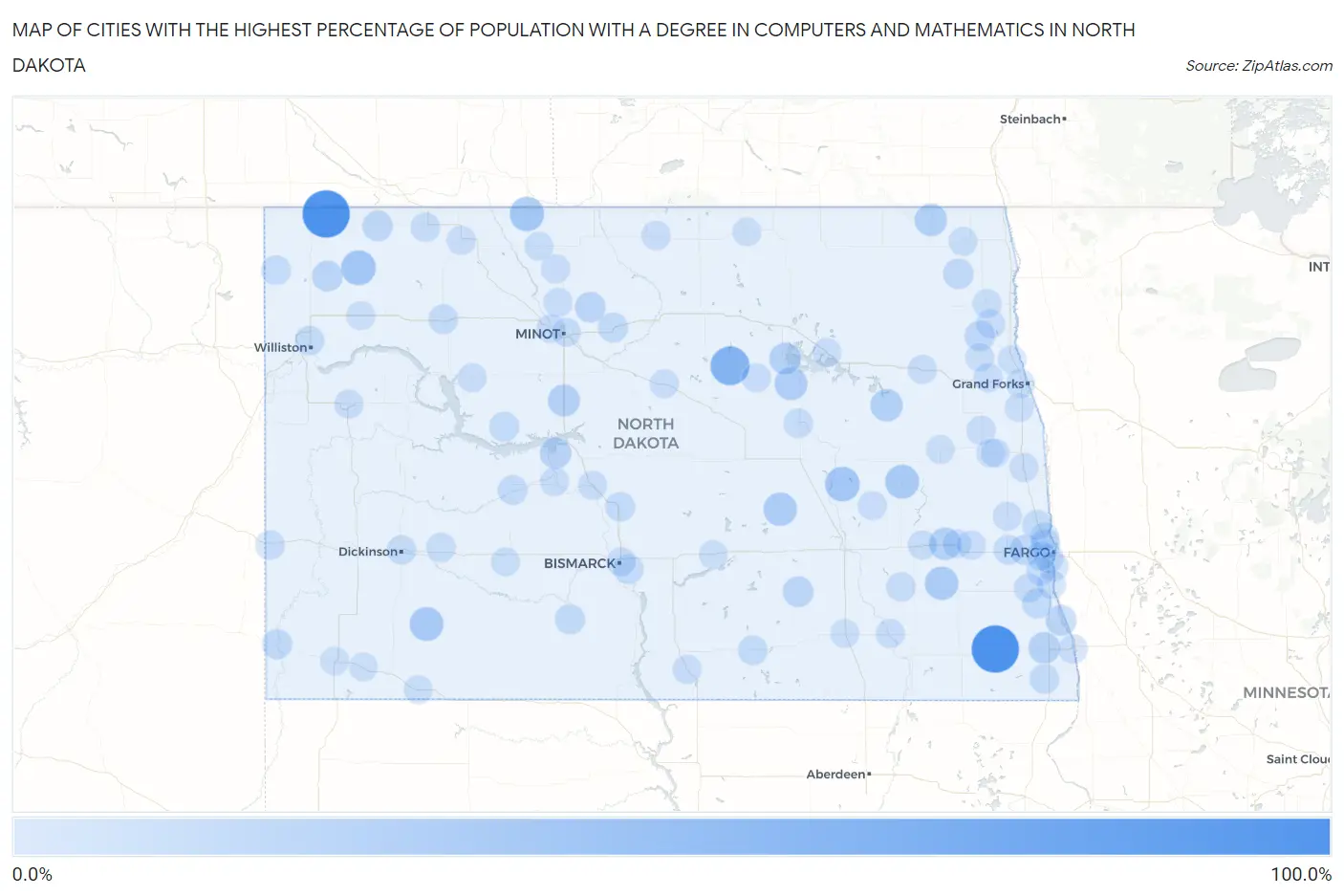 Cities with the Highest Percentage of Population with a Degree in Computers and Mathematics in North Dakota Map