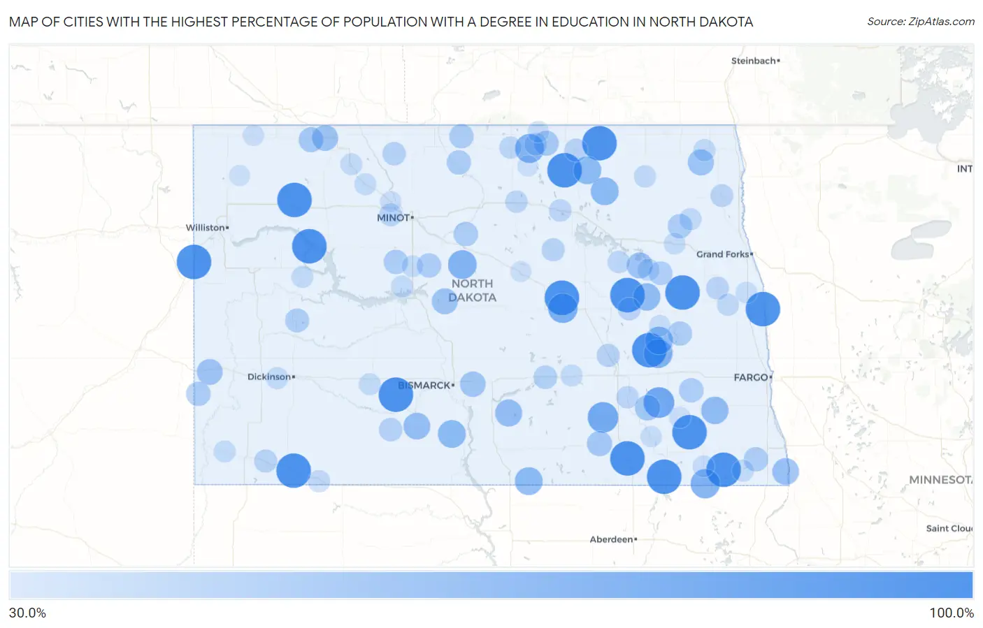 Cities with the Highest Percentage of Population with a Degree in Education in North Dakota Map