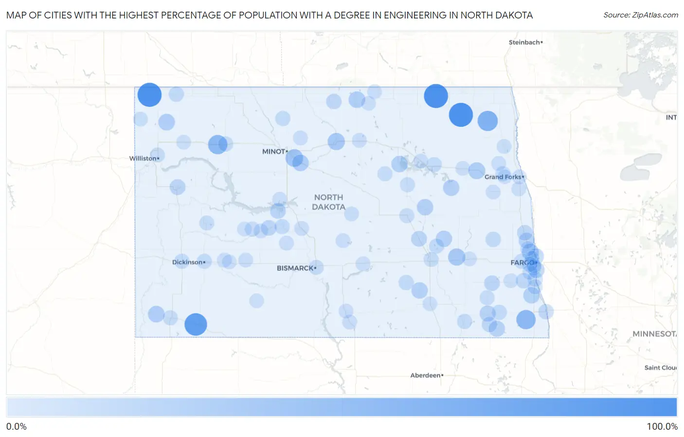 Cities with the Highest Percentage of Population with a Degree in Engineering in North Dakota Map