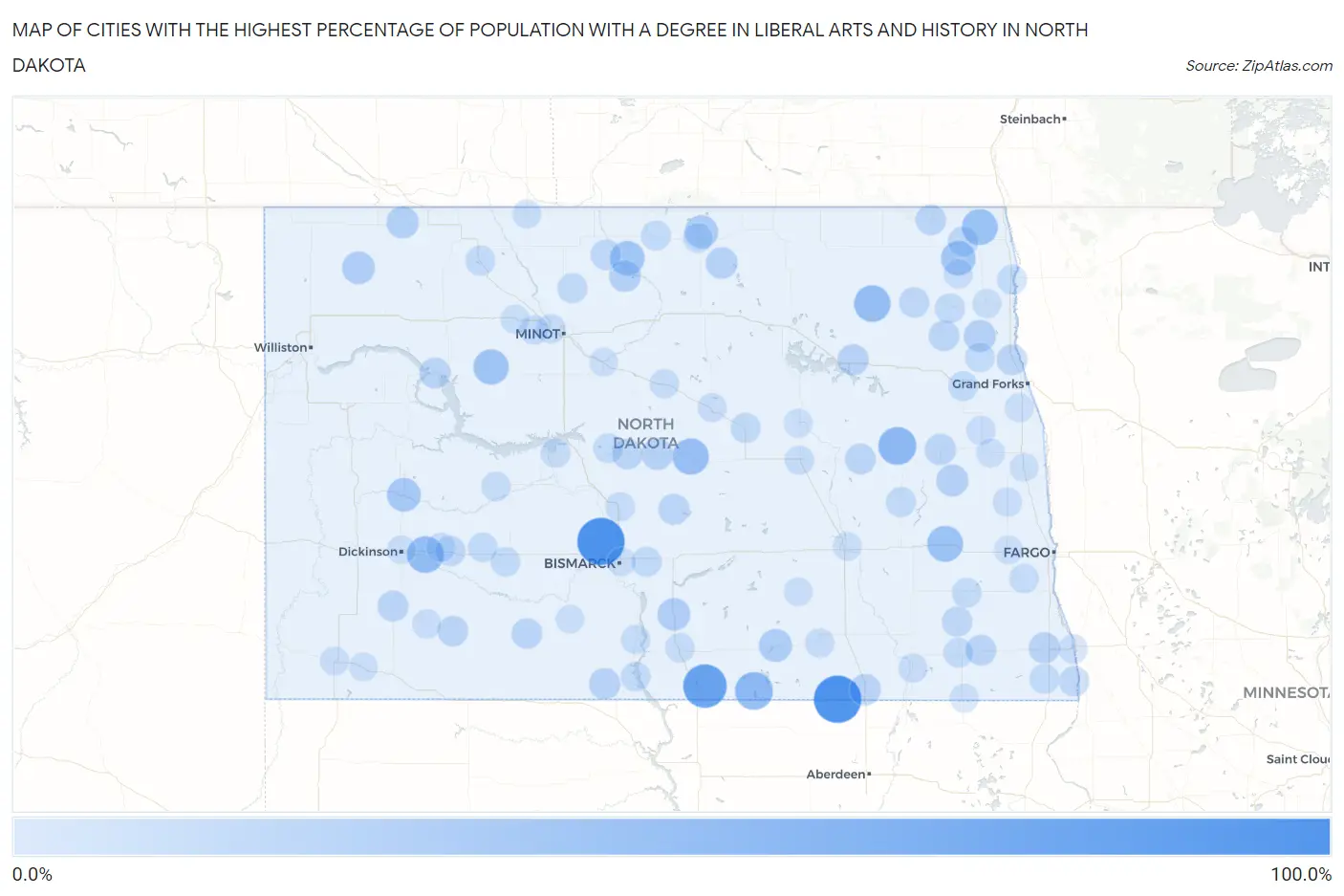Cities with the Highest Percentage of Population with a Degree in Liberal Arts and History in North Dakota Map