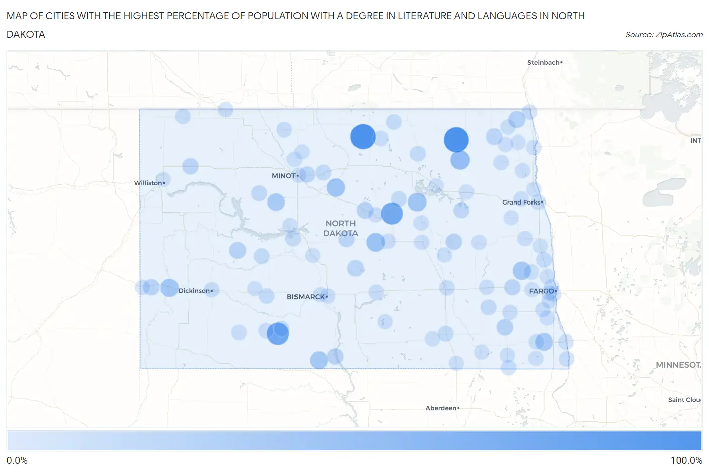 Cities with the Highest Percentage of Population with a Degree in Literature and Languages in North Dakota Map