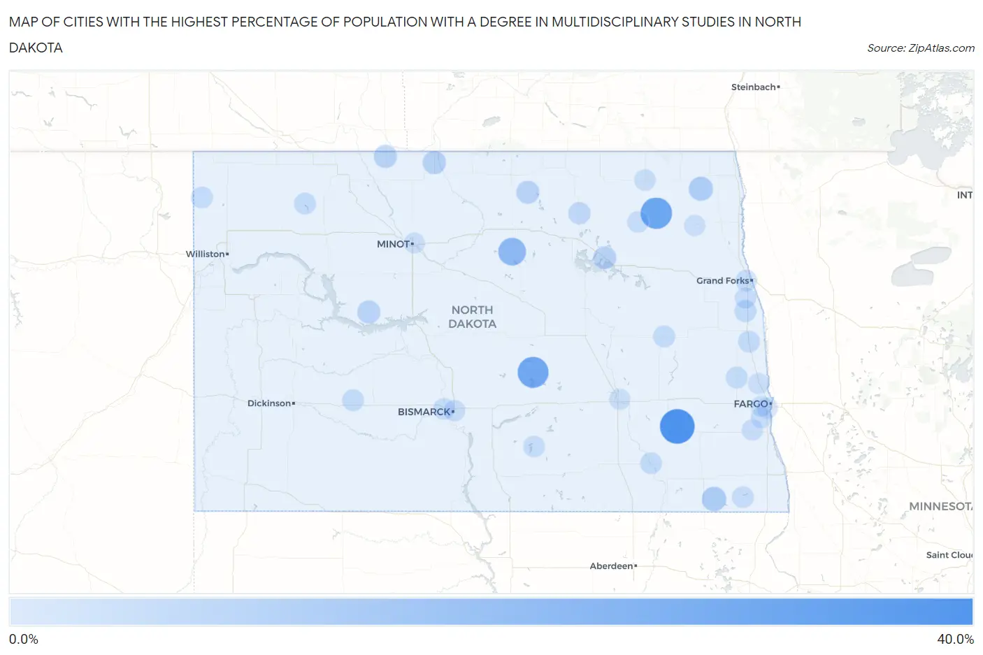 Cities with the Highest Percentage of Population with a Degree in Multidisciplinary Studies in North Dakota Map