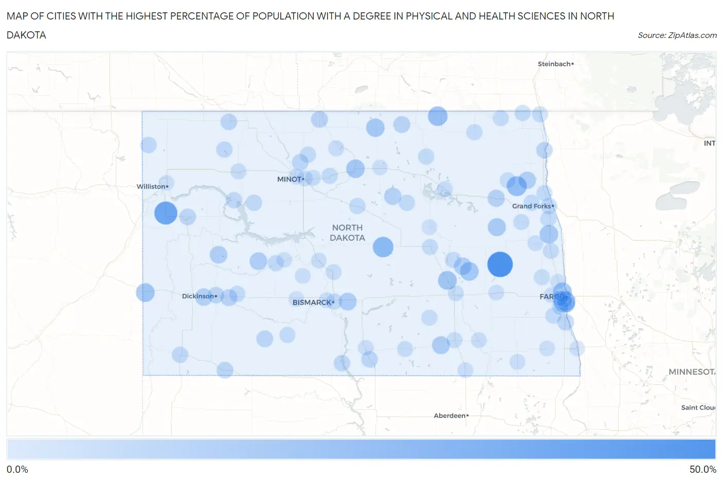 Cities with the Highest Percentage of Population with a Degree in Physical and Health Sciences in North Dakota Map