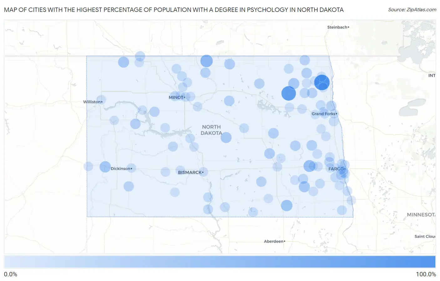 Cities with the Highest Percentage of Population with a Degree in Psychology in North Dakota Map
