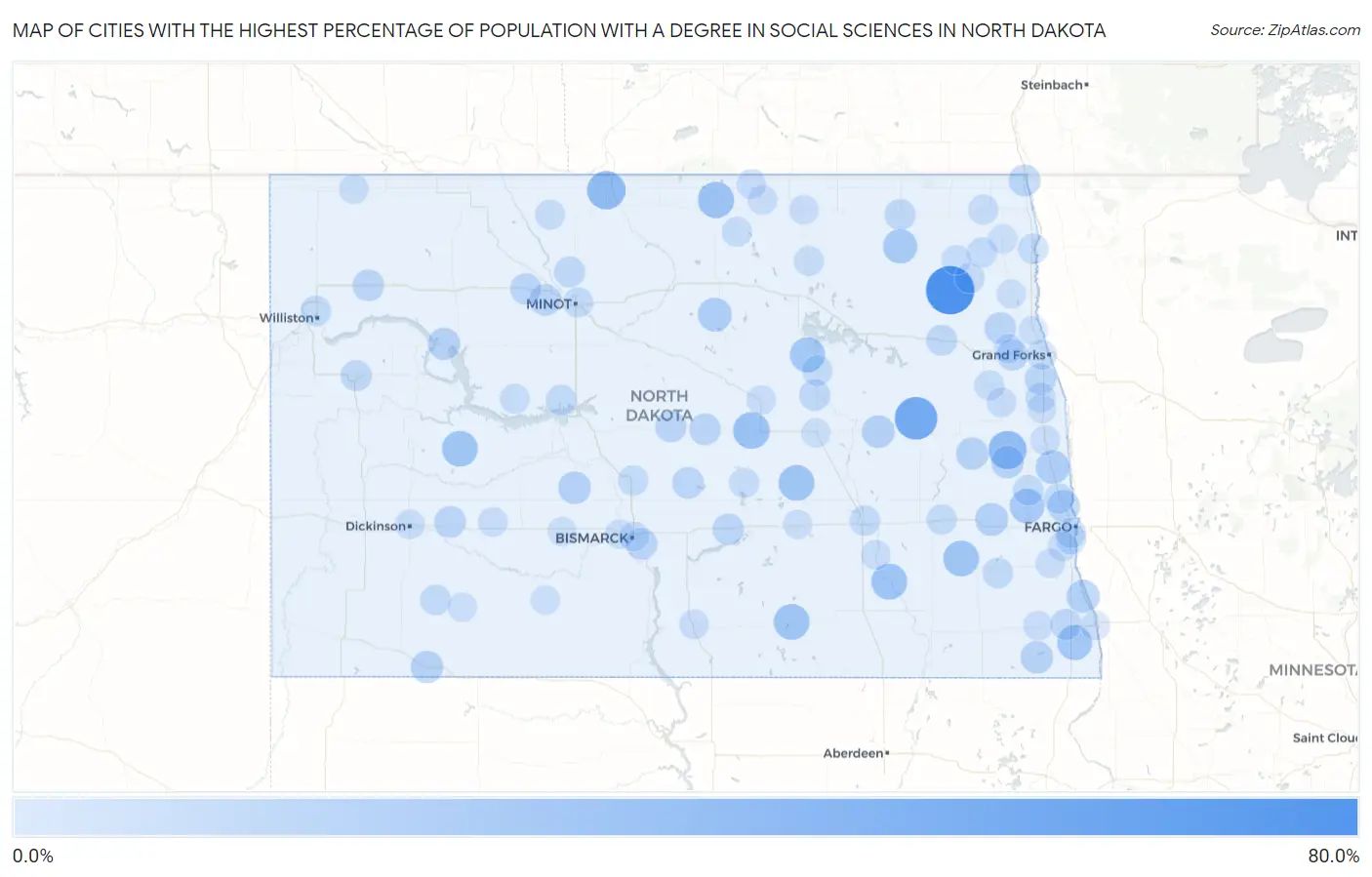 Cities with the Highest Percentage of Population with a Degree in Social Sciences in North Dakota Map