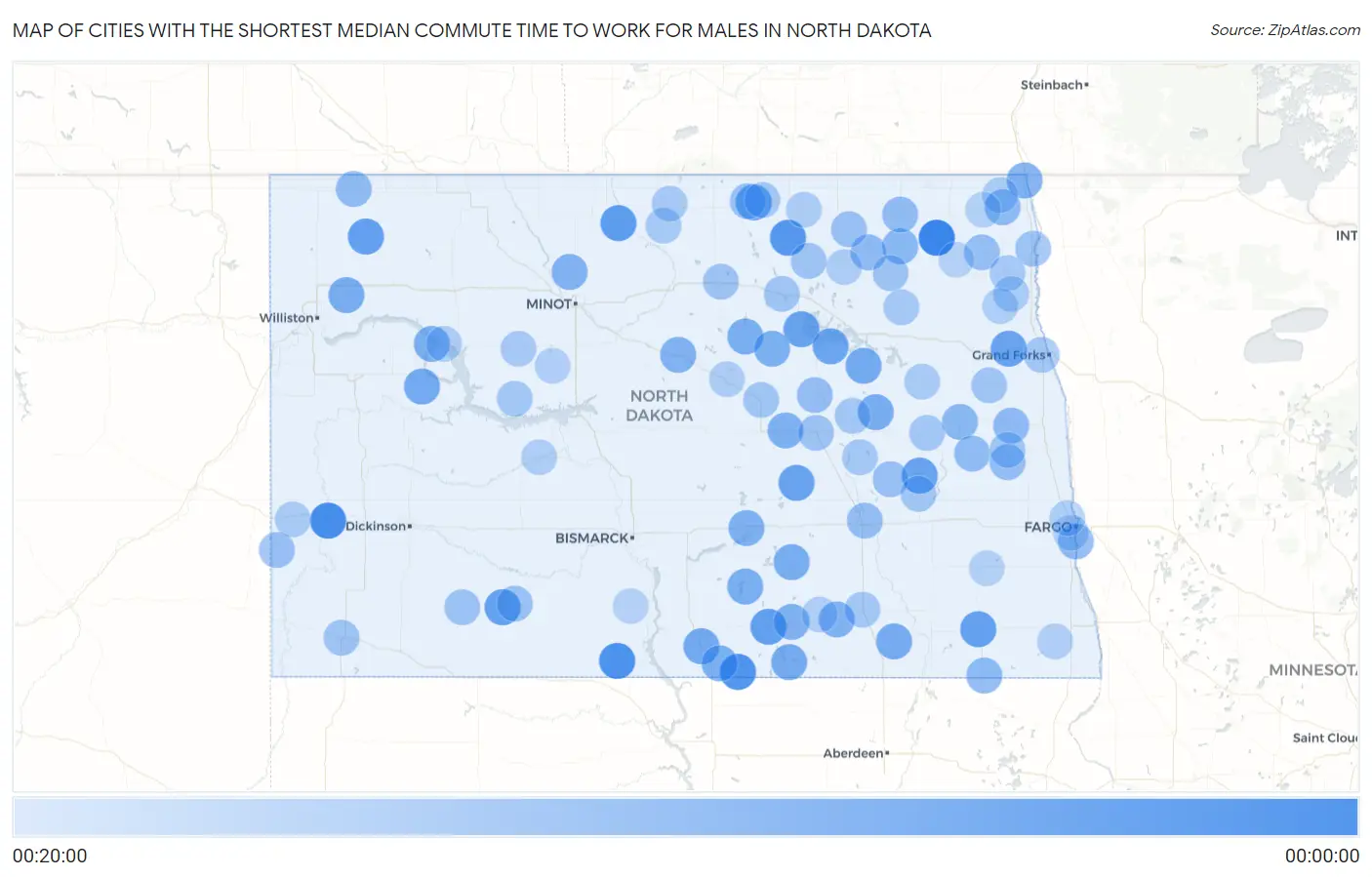 Cities with the Shortest Median Commute Time to Work for Males in North Dakota Map