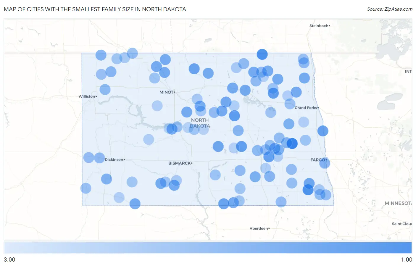 Cities with the Smallest Family Size in North Dakota Map