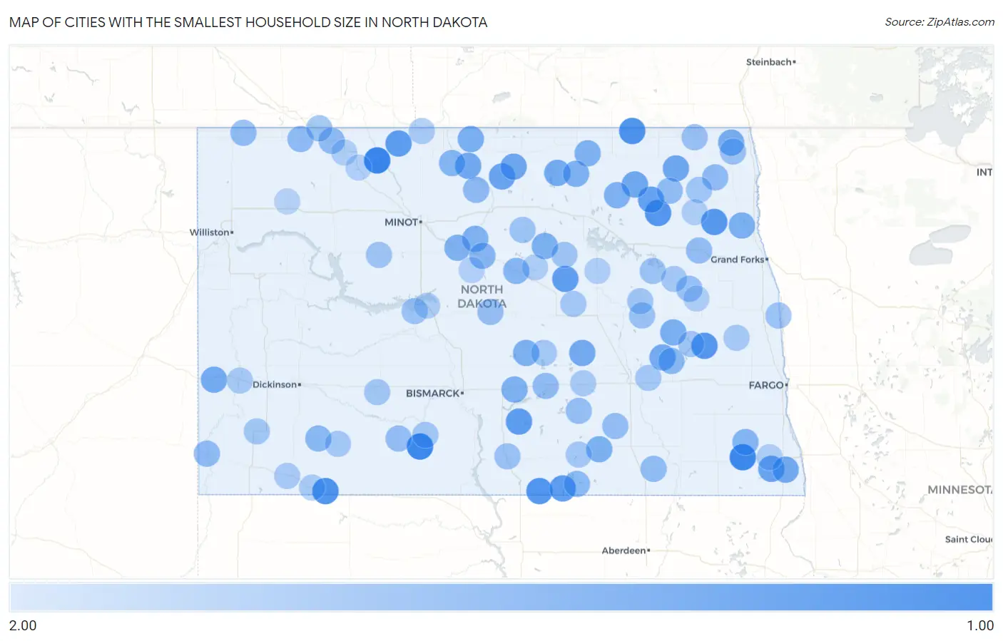 Cities with the Smallest Household Size in North Dakota Map