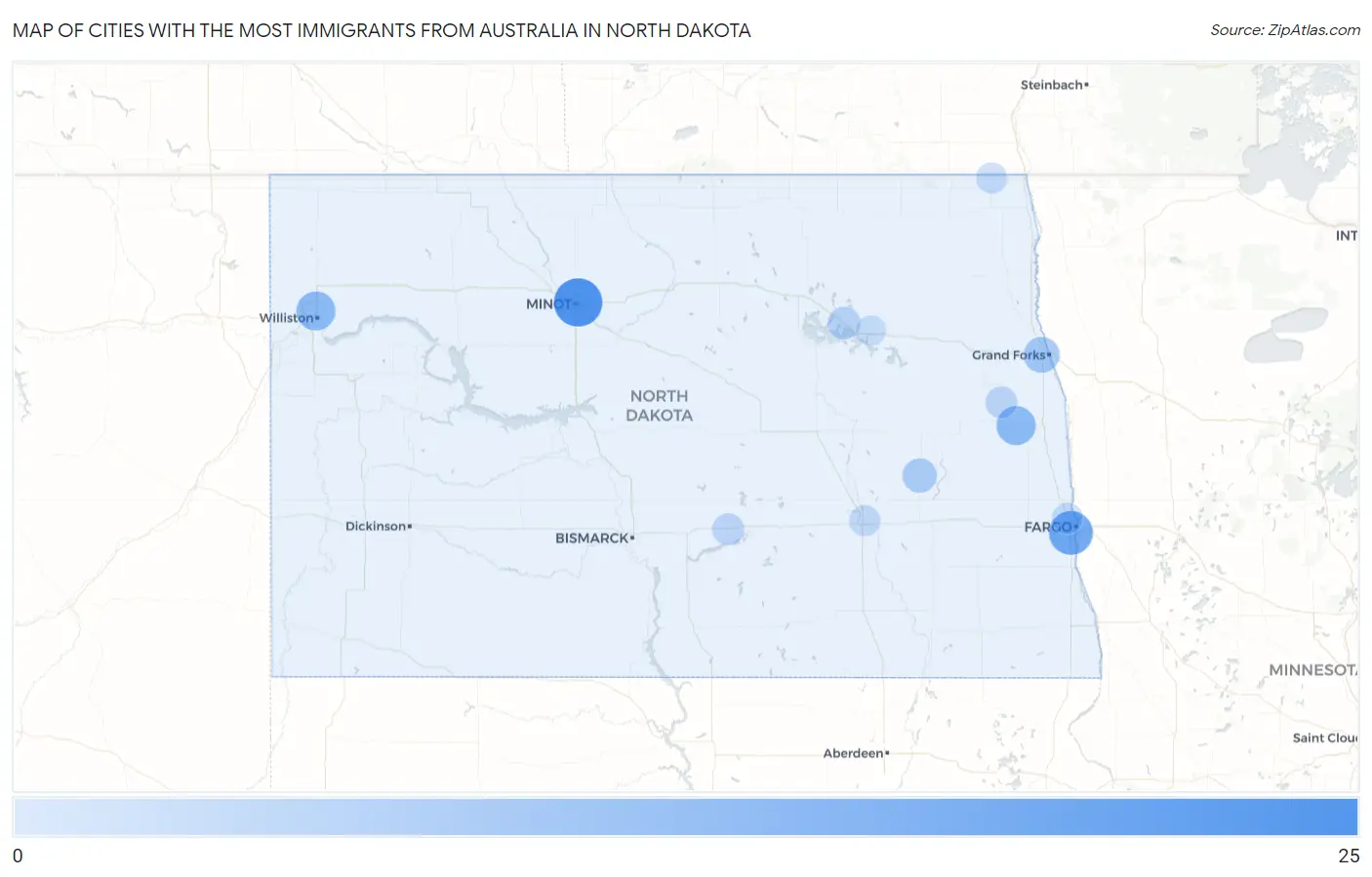 Cities with the Most Immigrants from Australia in North Dakota Map