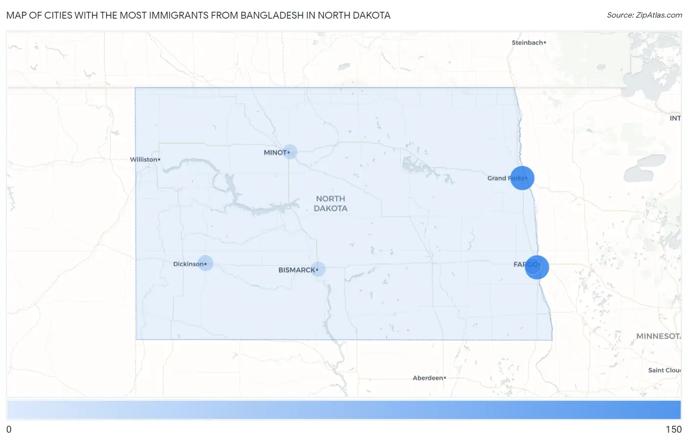 Cities with the Most Immigrants from Bangladesh in North Dakota Map